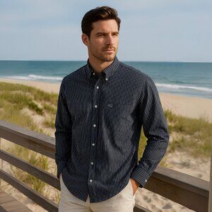 Lacoste Vintage Navy Pinstripe Dress Shirt, Crocodile Logo, Size 40 (US Large)